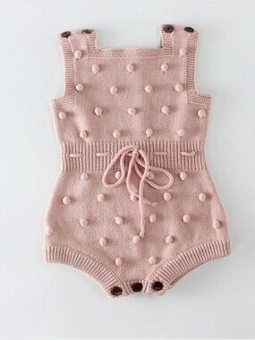 Knit Pom-Pom Baby Bubble Romper in Polka Dot Dusty Pink
